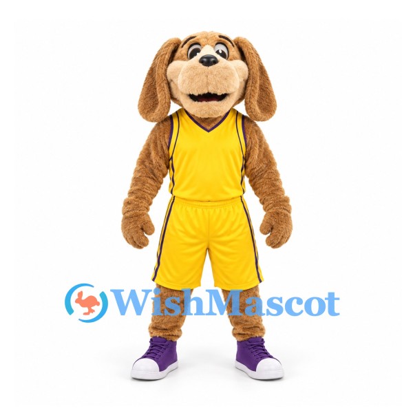 Dog Mascot Costume in Brown with Yellow Basketball Uniform
