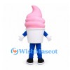 Ice Cream Cup Mascot Costume with Pink Soft Serve Swirl and Blue Legs