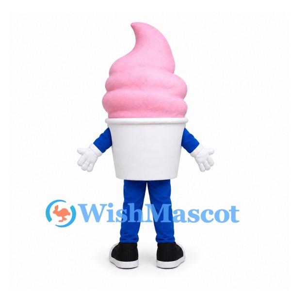 Ice Cream Cup Mascot Costume with Pink Soft Serve Swirl and Blue Legs