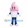 Ice Cream Cup Mascot Costume with Pink Soft Serve Swirl and Blue Legs