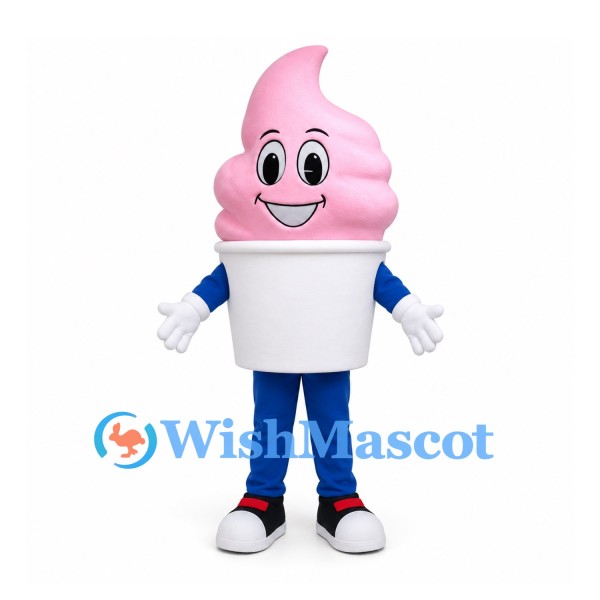 Ice Cream Cup Mascot Costume with Pink Soft Serve Swirl and Blue Legs