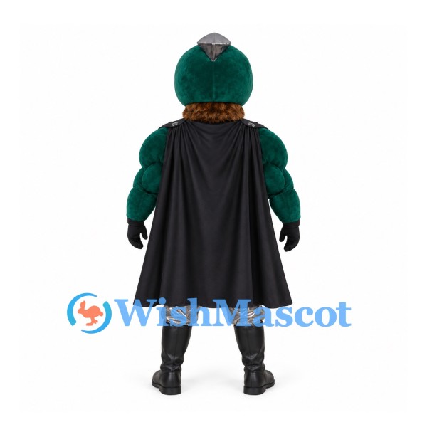 Warrior Mascot Costume with Green Helmet and Muscular Suit with Black Cape