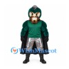 Warrior Mascot Costume with Green Helmet and Muscular Suit with Black Cape