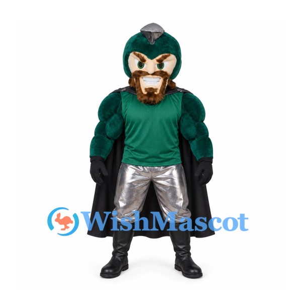 Warrior Mascot Costume with Green Helmet and Muscular Suit with Black Cape
