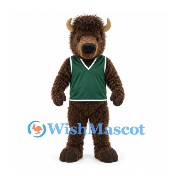 Buffalo Mascot Costume in Brown with Green Sports Vest