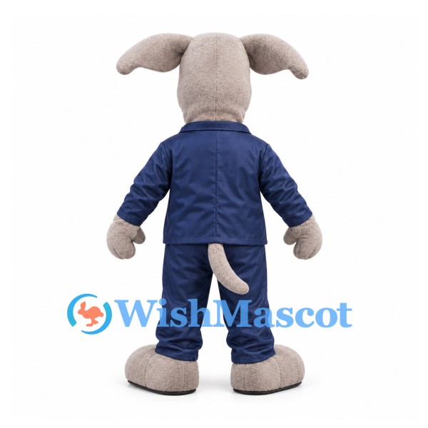 Dog Mascot Costume in Gray with Navy Suit and Silver Bow Tie