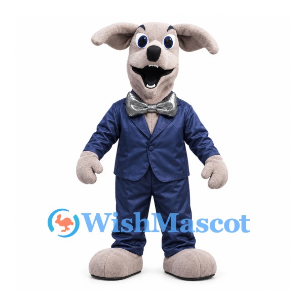 Dog Mascot Costume in Gray with Navy Suit and Silver Bow Tie