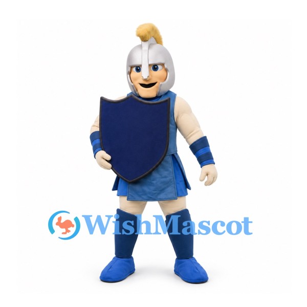 Roman Soldier Mascot Costume with Silver Helmet and Blue Armor