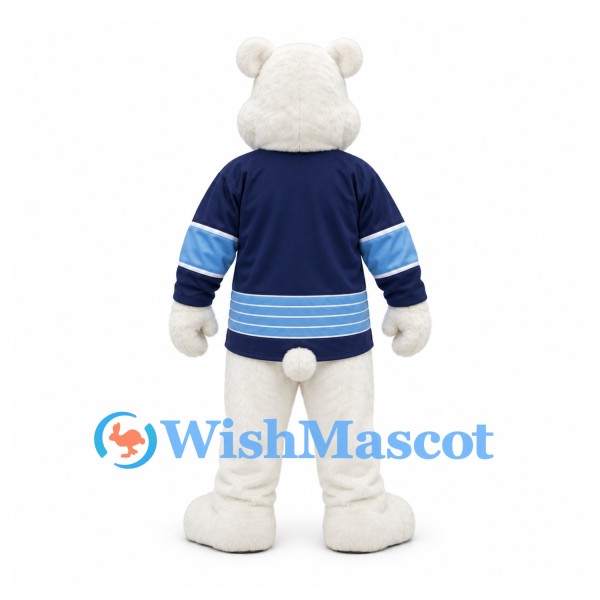 Polar Bear Mascot Costume with Navy and Light Blue Hockey Shirt