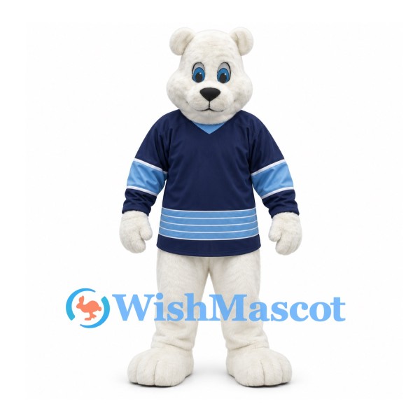 Polar Bear Mascot Costume with Navy and Light Blue Hockey Shirt