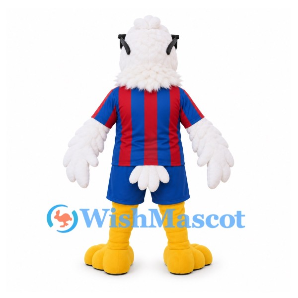 Eagle Mascot Costume in White with Sunglasses and Red Blue Sports Uniform