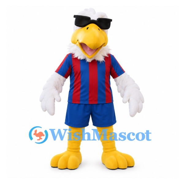 Eagle Mascot Costume in White with Sunglasses and Red Blue Sports Uniform