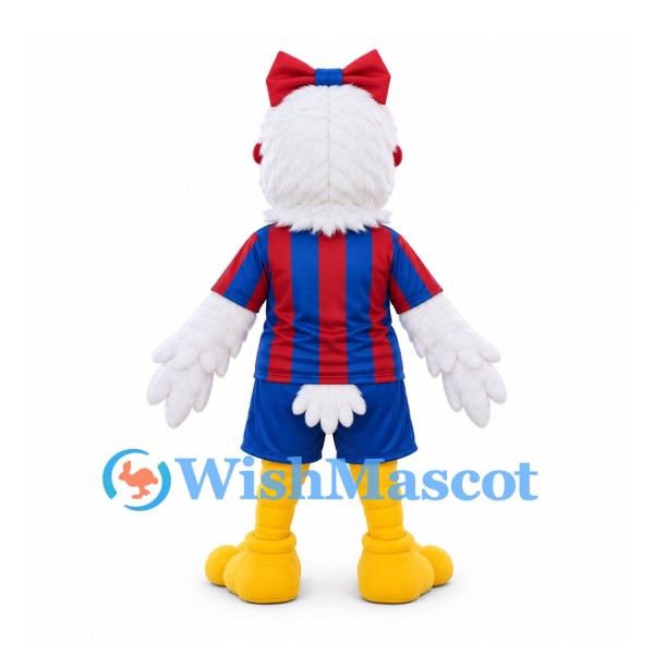 Eagle Mascot Costume in White with Red Bow and Red Blue Sports Uniform