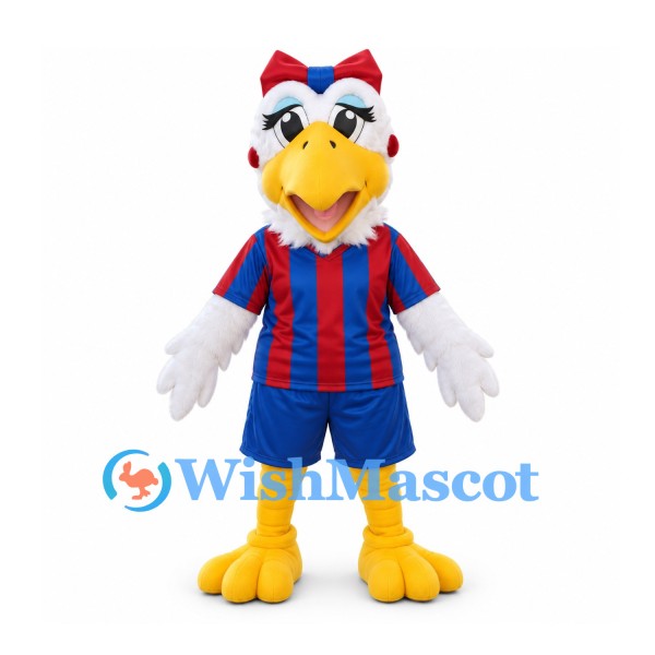 Eagle Mascot Costume in White with Red Bow and Red Blue Sports Uniform