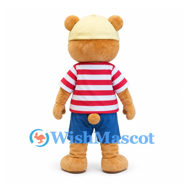Bear Mascot Costume in Tan with Cream Cap and Red Striped Shirt