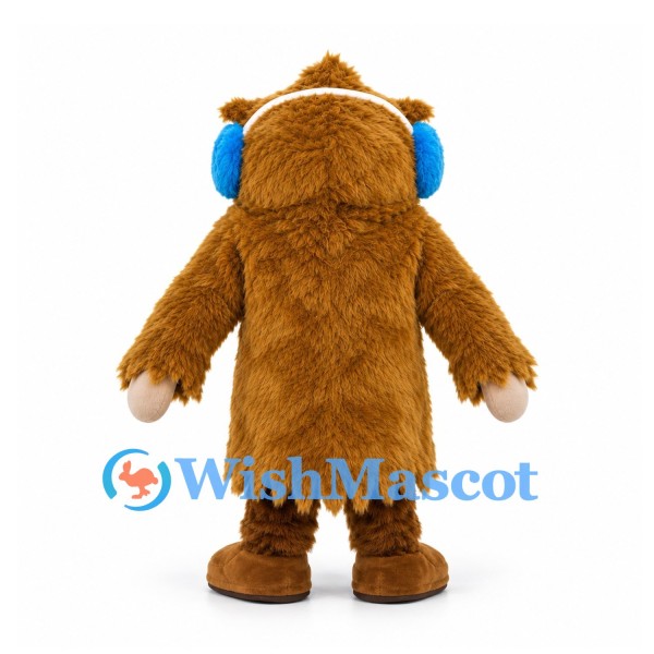Bigfoot Mascot Costume in Brown with Blue Earmuffs and White Face