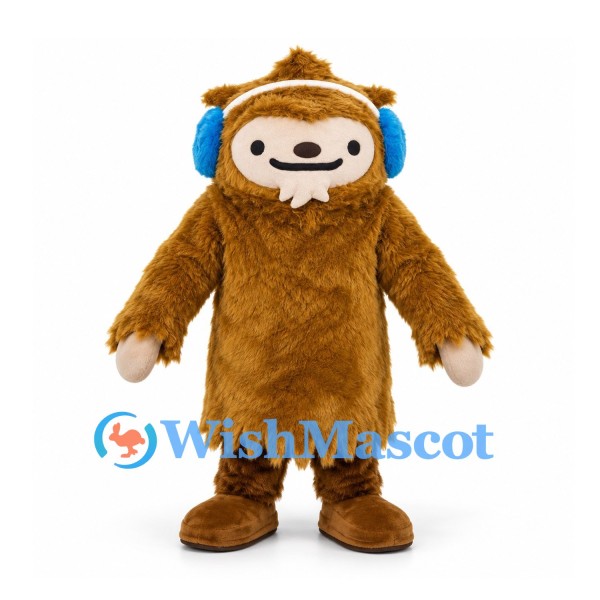 Bigfoot Mascot Costume in Brown with Blue Earmuffs and White Face