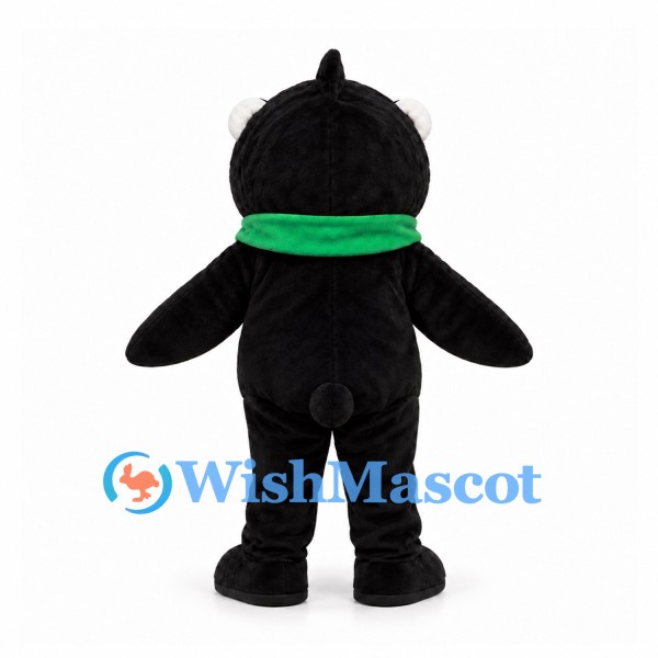 Bear Mascot Costume in Black with White Face and Green Striped Scarf