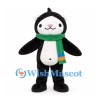 Bear Mascot Costume in Black with White Face and Green Striped Scarf