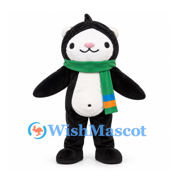 Bear Mascot Costume in Black with White Face and Green Striped Scarf
