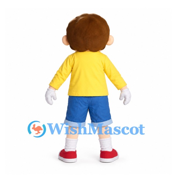 Boy Mascot Costume with Yellow Shirt and Denim Style Blue Shorts