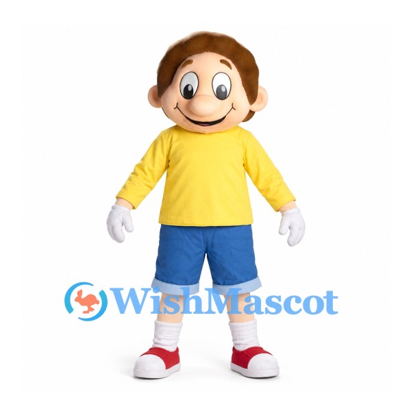 Boy Mascot Costume with Yellow Shirt and Denim Style Blue Shorts