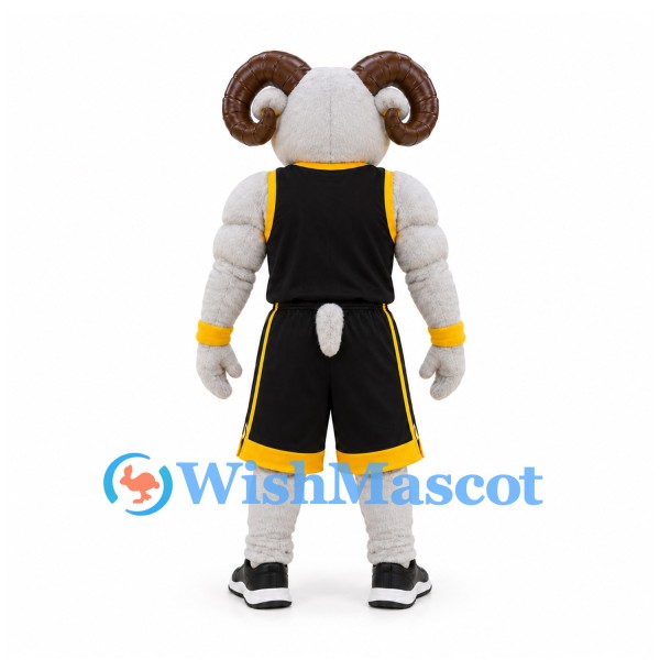 Ram Mascot Costume in White with Curled Horns and Black Basketball Uniform