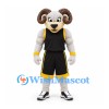 Ram Mascot Costume in White with Curled Horns and Black Basketball Uniform