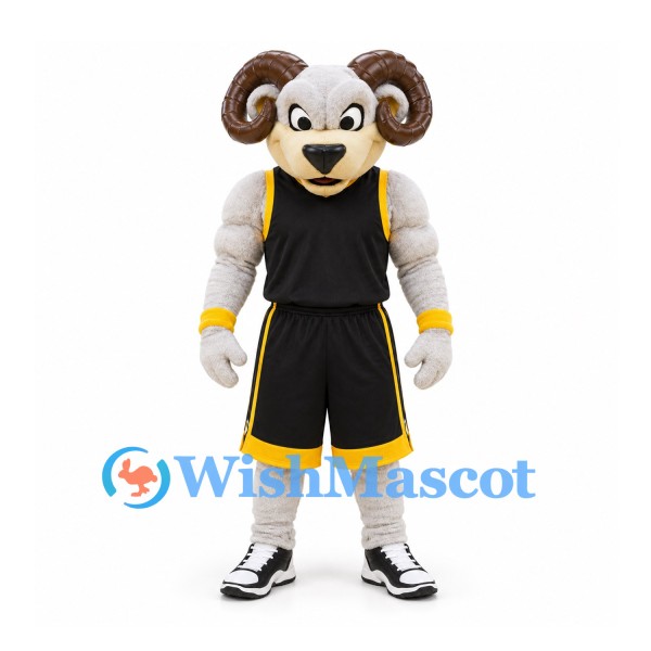 Ram Mascot Costume in White with Curled Horns and Black Basketball Uniform