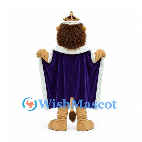 Lion King Mascot Costume with Jeweled Crown and Purple Cape