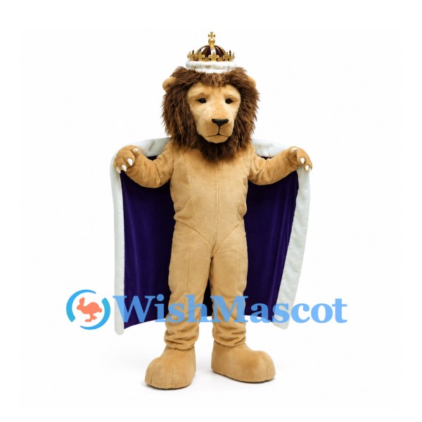 Lion King Mascot Costume with Jeweled Crown and Purple Cape