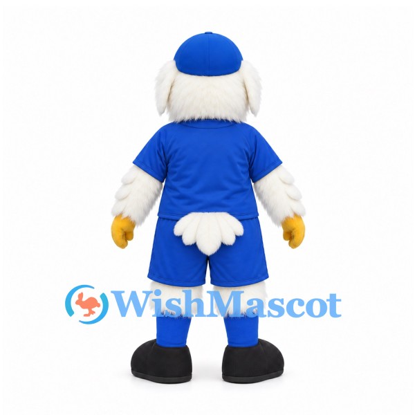 Eagle Mascot Costume in White with Blue Cap and Sports Uniform