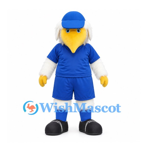 Eagle Mascot Costume in White with Blue Cap and Sports Uniform