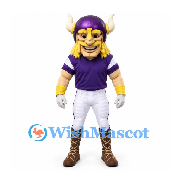 Viking Mascot Costume with Purple Horned Helmet and White Football Pants