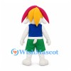 Dog Mascot Costume in White with Pink Ears Blue Vest and Green Shorts