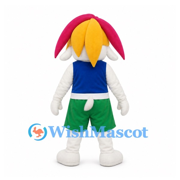 Dog Mascot Costume in White with Pink Ears Blue Vest and Green Shorts