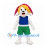 Dog Mascot Costume in White with Pink Ears Blue Vest and Green Shorts