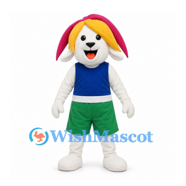 Dog Mascot Costume in White with Pink Ears Blue Vest and Green Shorts
