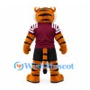 Tiger Mascot Costume with Burgundy Sports Shirt and Black Shorts