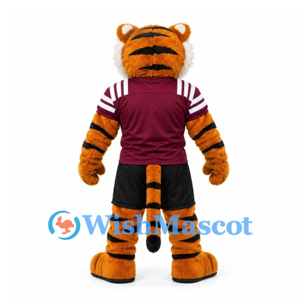 Tiger Mascot Costume with Burgundy Sports Shirt and Black Shorts