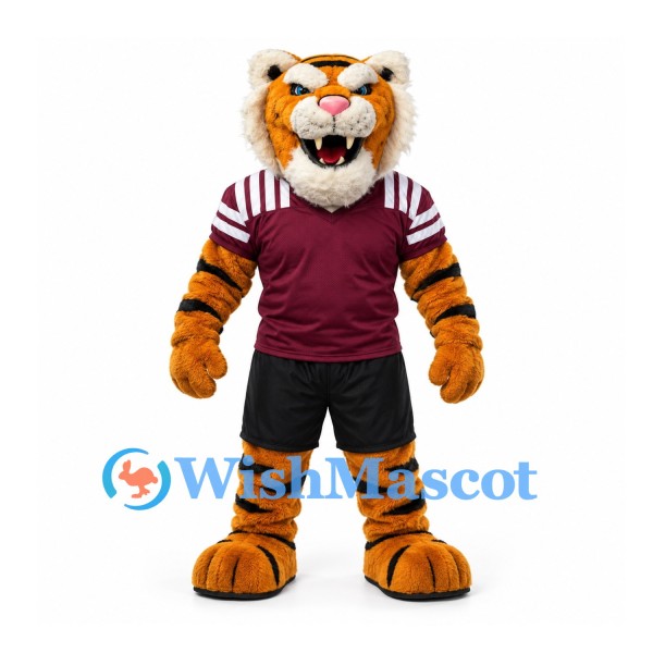 Tiger Mascot Costume with Burgundy Sports Shirt and Black Shorts