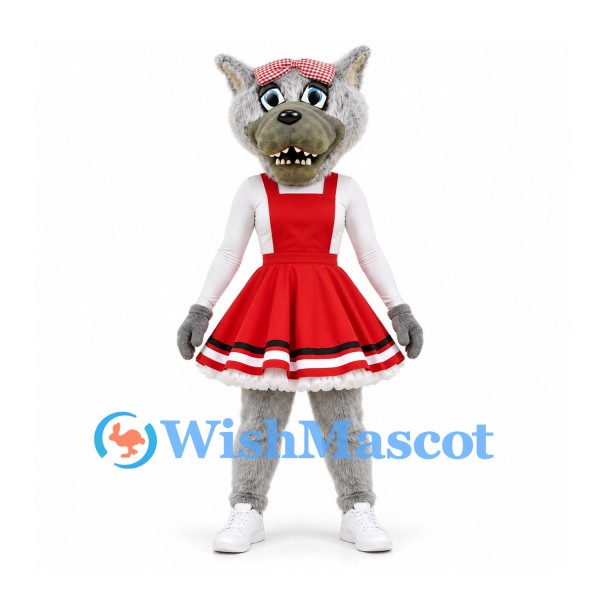Wolf Mascot Costume in Gray with Red Cheerleader Dress