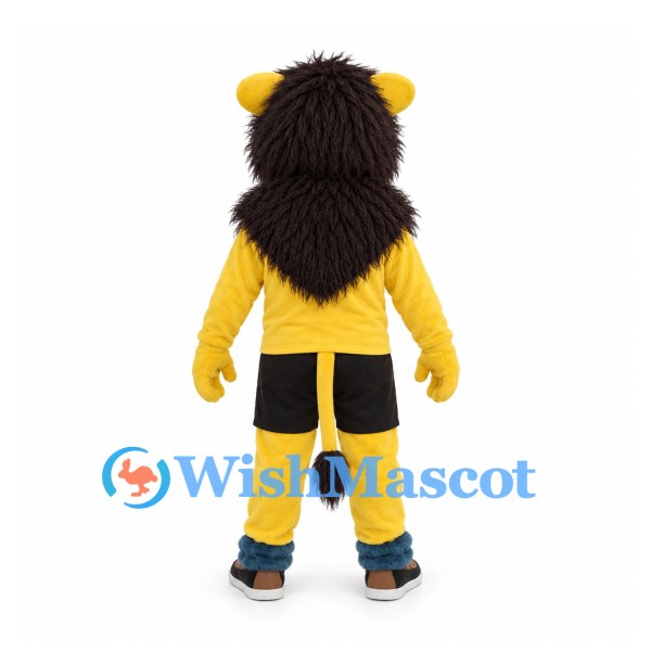 Lion Mascot Costume in Yellow with Dark Shaggy Mane and Black Shorts