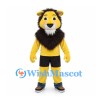 Lion Mascot Costume in Yellow with Dark Shaggy Mane and Black Shorts