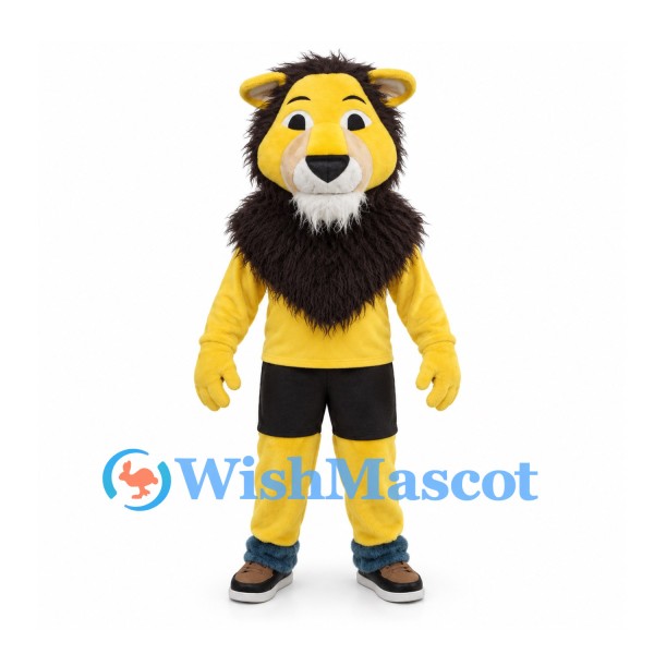 Lion Mascot Costume in Yellow with Dark Shaggy Mane and Black Shorts