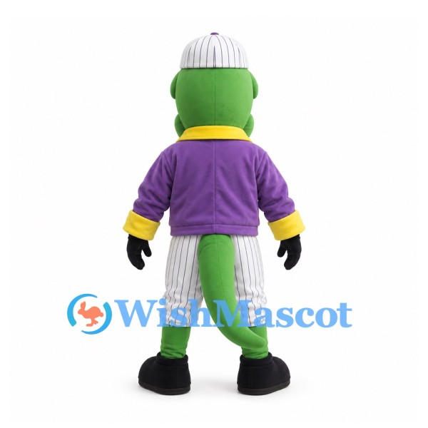 Alligator Mascot Costume with Purple Jacket and Pinstriped Baseball Pants