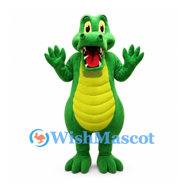 Alligator Mascot Costume in Green with Yellow Belly and Open Jaws