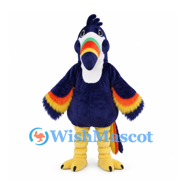 Toucan Mascot Costume in Navy with Rainbow Beak and Wing Feathers