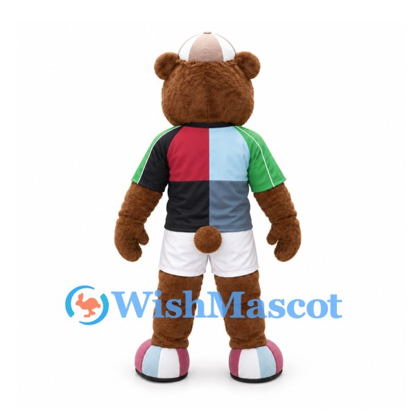 Bear Mascot Costume with Multicolor Rugby Shirt and White Shorts