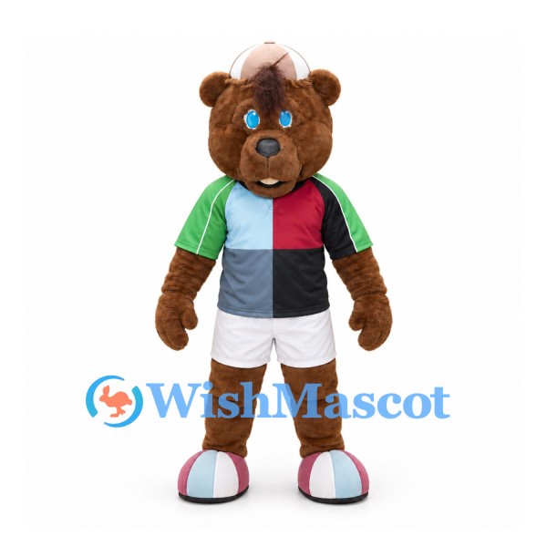 Bear Mascot Costume with Multicolor Rugby Shirt and White Shorts